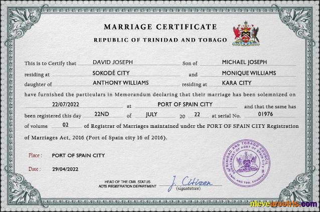 Trinidad and Tobago marriage certificate